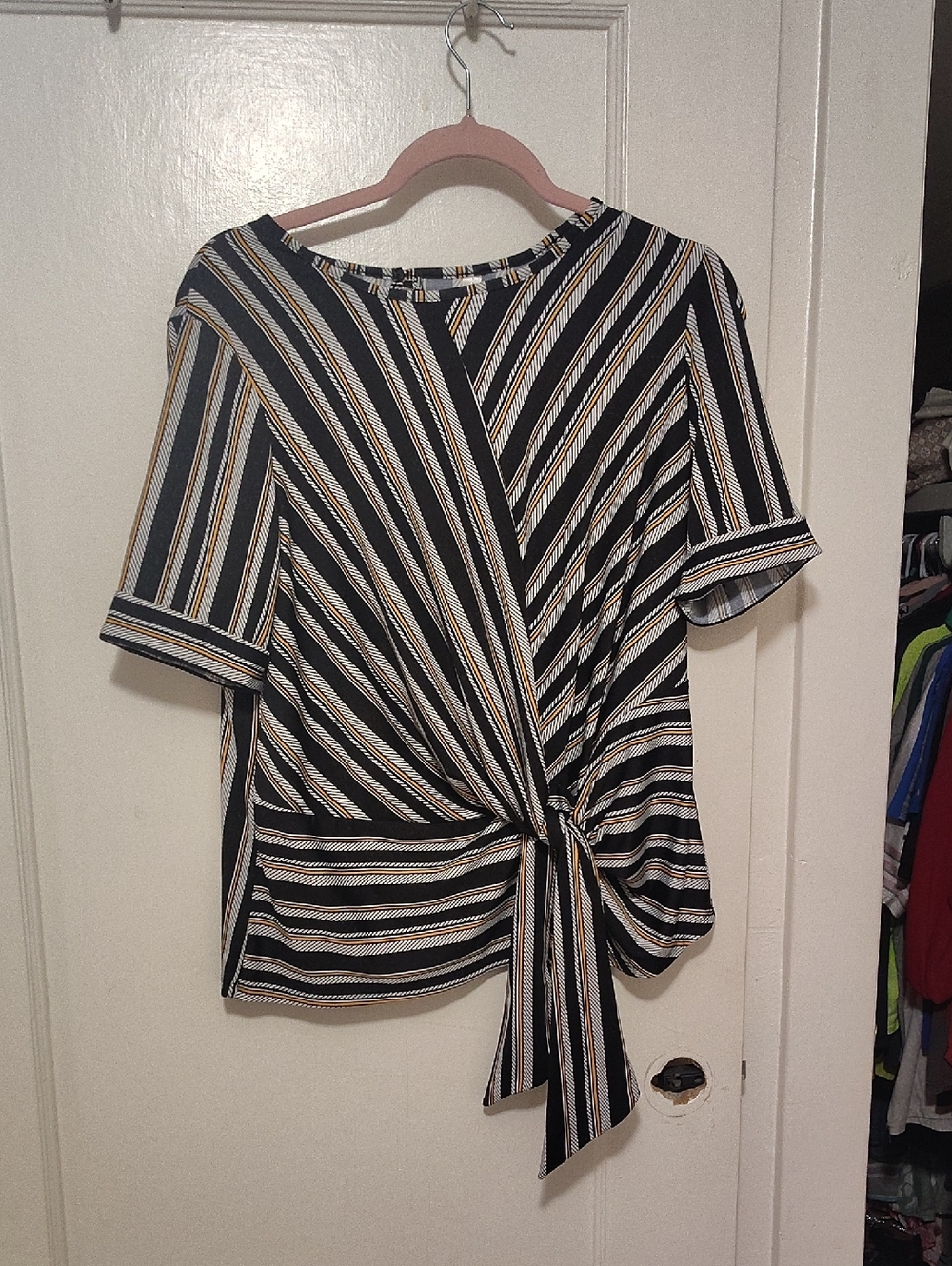 PerSeption Concept Black, Cream & Tan Striped Front-Tie Top